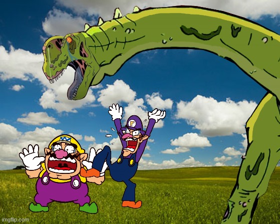 Wario and Waluigi dies by the infected sauropod | image tagged in wario dies,wario,waluigi,primal,dinosaur | made w/ Imgflip meme maker