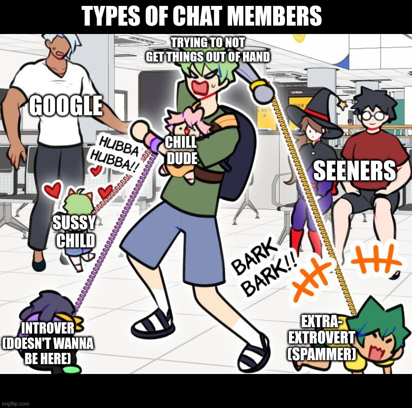 Types of Chat members | TYPES OF CHAT MEMBERS; TRYING TO NOT GET THINGS OUT OF HAND; GOOGLE; CHILL 
DUDE; SEENERS; SUSSY 
CHILD; EXTRA-
EXTROVERT
(SPAMMER); INTROVER
(DOESN'T WANNA
BE HERE) | image tagged in group chats,funny memes,cabbages and darklords | made w/ Imgflip meme maker