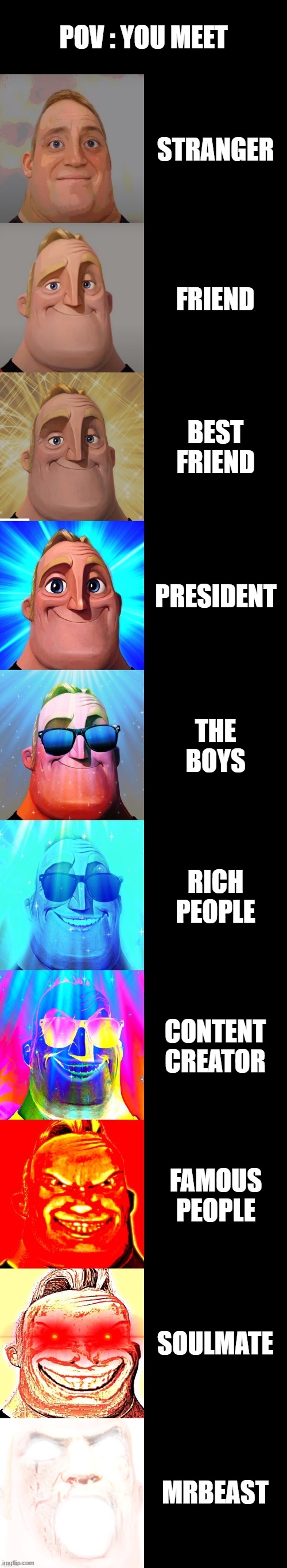 mr incredible becoming canny | POV : YOU MEET; STRANGER; FRIEND; BEST FRIEND; PRESIDENT; THE BOYS; RICH PEOPLE; CONTENT CREATOR; FAMOUS PEOPLE; SOULMATE; MRBEAST | image tagged in mr incredible becoming canny | made w/ Imgflip meme maker