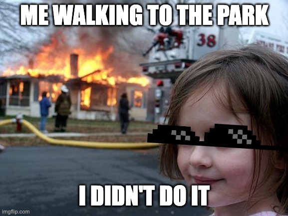 Disaster Girl | ME WALKING TO THE PARK; I DIDN'T DO IT | image tagged in memes,disaster girl | made w/ Imgflip meme maker