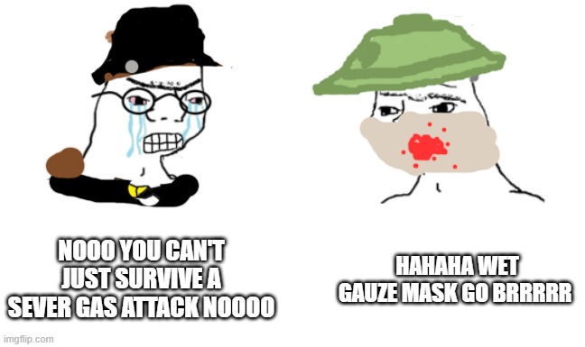 osoweic fortress (typo: severe) | NOOO YOU CAN'T JUST SURVIVE A SEVER GAS ATTACK NOOOO; HAHAHA WET GAUZE MASK GO BRRRRR | image tagged in noooo you can't just | made w/ Imgflip meme maker