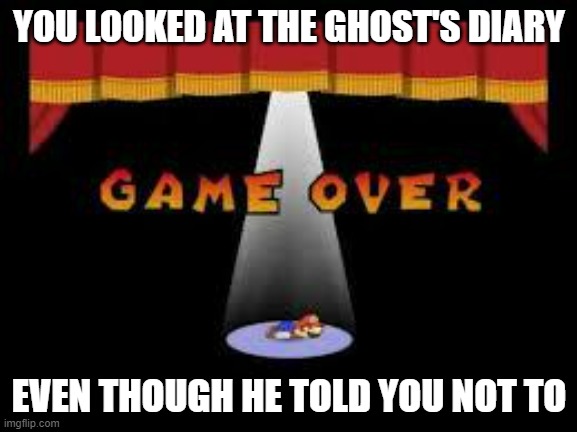 paper mario game over | YOU LOOKED AT THE GHOST'S DIARY; EVEN THOUGH HE TOLD YOU NOT TO | image tagged in paper mario game over | made w/ Imgflip meme maker
