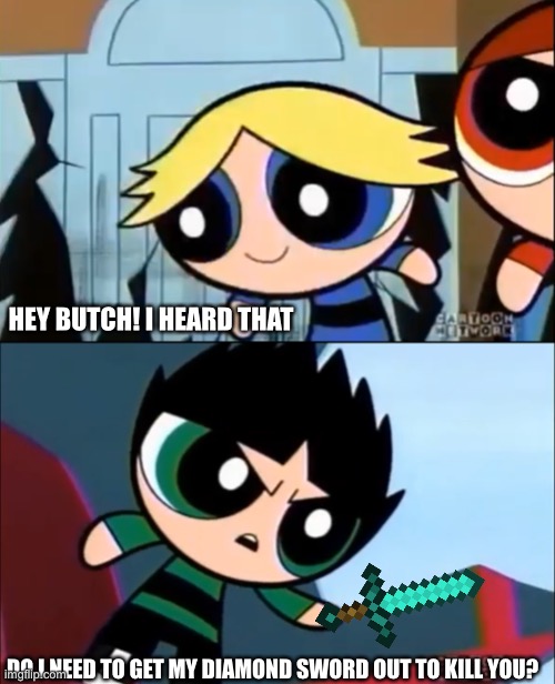 Does Butch need to kill Boomer? | HEY BUTCH! I HEARD THAT; DO I NEED TO GET MY DIAMOND SWORD OUT TO KILL YOU? | image tagged in hey butch,does butch need to kill boomer | made w/ Imgflip meme maker