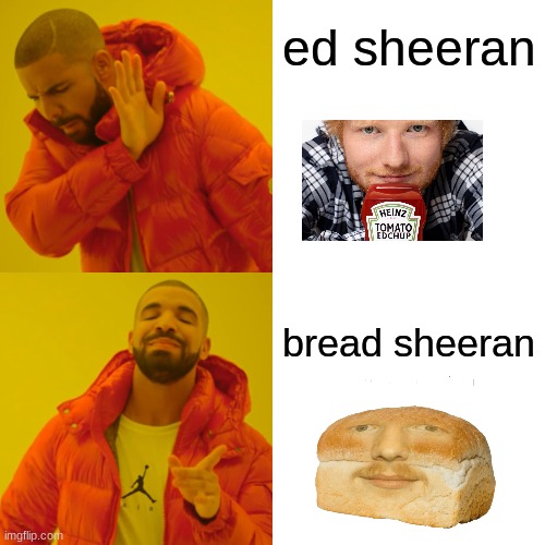 Sheeran | ed sheeran; bread sheeran | image tagged in memes,drake hotline bling | made w/ Imgflip meme maker