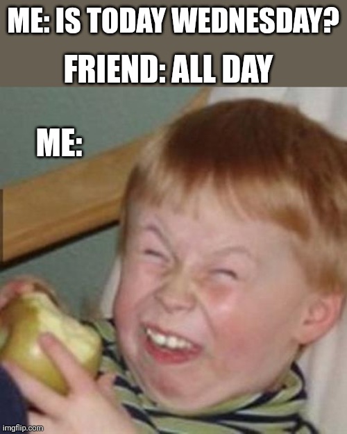 laughing kid | FRIEND: ALL DAY; ME: IS TODAY WEDNESDAY? ME: | image tagged in laughing kid | made w/ Imgflip meme maker