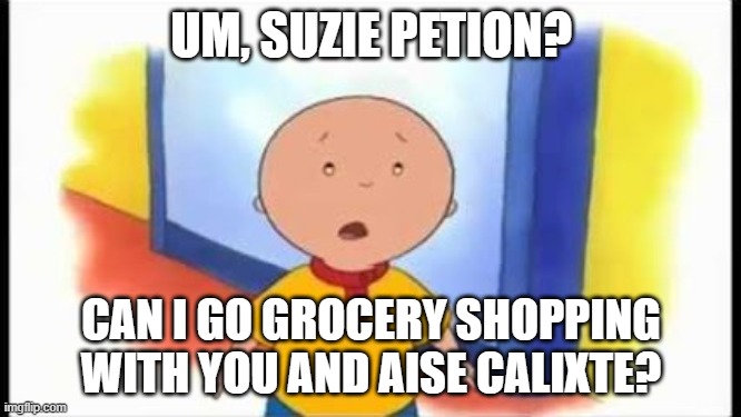 Caillou wants to go grocery shopping w/ Aise and Suzie | UM, SUZIE PETION? CAN I GO GROCERY SHOPPING WITH YOU AND AISE CALIXTE? | image tagged in caillou | made w/ Imgflip meme maker