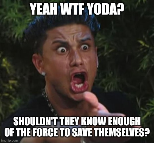 DJ Pauly D Meme | YEAH WTF YODA? SHOULDN'T THEY KNOW ENOUGH OF THE FORCE TO SAVE THEMSELVES? | image tagged in memes,dj pauly d | made w/ Imgflip meme maker