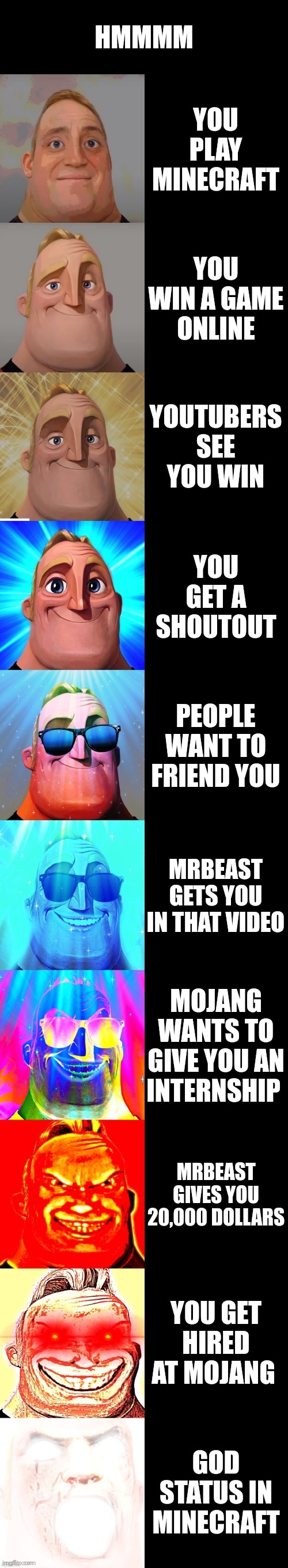 mr incredible becoming canny | HMMMM; YOU PLAY MINECRAFT; YOU WIN A GAME ONLINE; YOUTUBERS SEE YOU WIN; YOU GET A SHOUTOUT; PEOPLE WANT TO FRIEND YOU; MRBEAST GETS YOU IN THAT VIDEO; MOJANG WANTS TO GIVE YOU AN INTERNSHIP; MRBEAST GIVES YOU 20,000 DOLLARS; YOU GET HIRED AT MOJANG; GOD STATUS IN MINECRAFT | image tagged in mr incredible becoming canny | made w/ Imgflip meme maker