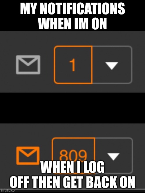 1 notification vs. 809 notifications with message | MY NOTIFICATIONS WHEN IM ON; WHEN I LOG OFF THEN GET BACK ON | image tagged in 1 notification vs 809 notifications with message | made w/ Imgflip meme maker