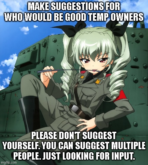 MAKE SUGGESTIONS FOR WHO WOULD BE GOOD TEMP OWNERS; PLEASE DON'T SUGGEST YOURSELF. YOU CAN SUGGEST MULTIPLE PEOPLE. JUST LOOKING FOR INPUT. | made w/ Imgflip meme maker