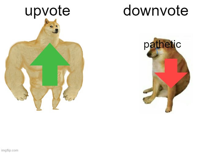 Buff Doge vs. Cheems | upvote; downvote; pathetic | image tagged in memes,buff doge vs cheems,idk | made w/ Imgflip meme maker