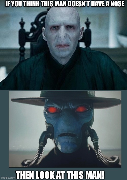 Cad Bane has no nose | IF YOU THINK THIS MAN DOESN'T HAVE A NOSE; THEN LOOK AT THIS MAN! | image tagged in lord voldemort | made w/ Imgflip meme maker