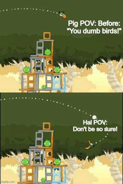 Angry Birds Hal but | Pig POV: Before: "You dumb birds!"; Hal POV: Don't be so sure! | image tagged in angry birds hal but | made w/ Imgflip meme maker
