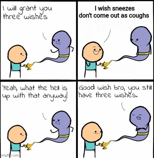 genie what the hell is up with that anyway | I wish sneezes don't come out as coughs | image tagged in genie what the hell is up with that anyway | made w/ Imgflip meme maker