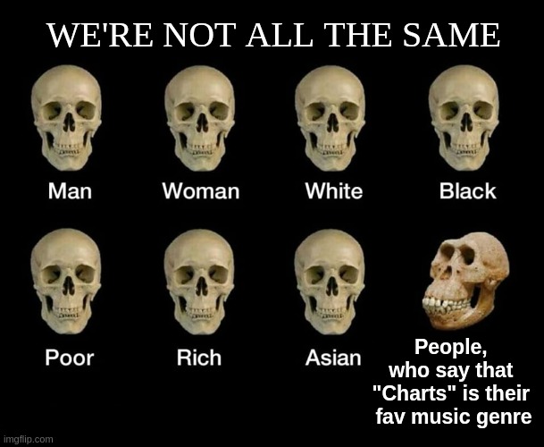 No matter what genre of music you like to listen to |  WE'RE NOT ALL THE SAME; People, 
who say that 
"Charts" is their 
fav music genre | image tagged in funny,meme,music,taste,dumb people | made w/ Imgflip meme maker