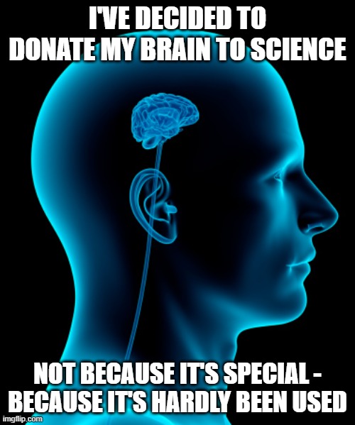 Wonder if they'll need it before I die? |  I'VE DECIDED TO DONATE MY BRAIN TO SCIENCE; NOT BECAUSE IT'S SPECIAL -
BECAUSE IT'S HARDLY BEEN USED | image tagged in small brain,memes,donate,science,like new | made w/ Imgflip meme maker