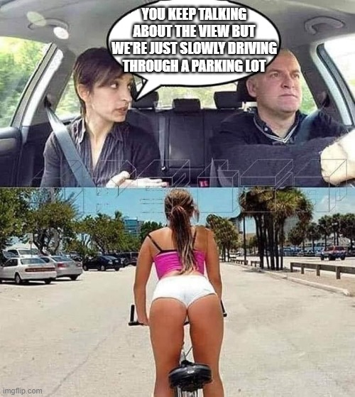 YOU KEEP TALKING ABOUT THE VIEW BUT WE'RE JUST SLOWLY DRIVING THROUGH A PARKING LOT | made w/ Imgflip meme maker