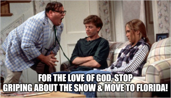 Move South! | FOR THE LOVE OF GOD, STOP GRIPING ABOUT THE SNOW & MOVE TO FLORIDA! | image tagged in chris farley for the love of god,snow,florida | made w/ Imgflip meme maker