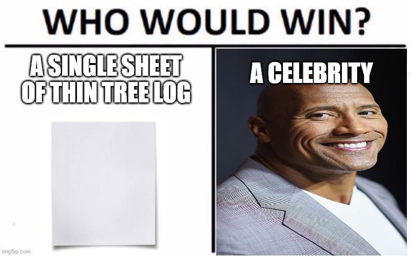 paper vs rock | A SINGLE SHEET OF THIN TREE LOG; A CELEBRITY | image tagged in memes,who would win,paper,dwayne johnson,the rock | made w/ Imgflip meme maker