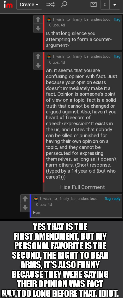 Some people. Hypocrite. | YES THAT IS THE FIRST AMENDMENT, BUT MY PERSONAL FAVORITE IS THE SECOND, THE RIGHT TO BEAR ARMS, IT'S ALSO FUNNY BECAUSE THEY WERE SAYING THEIR OPINION WAS FACT NOT TOO LONG BEFORE THAT. IDIOT. | image tagged in anti furry,hypocrite,idiot,will you shut up man,thanks,smh | made w/ Imgflip meme maker