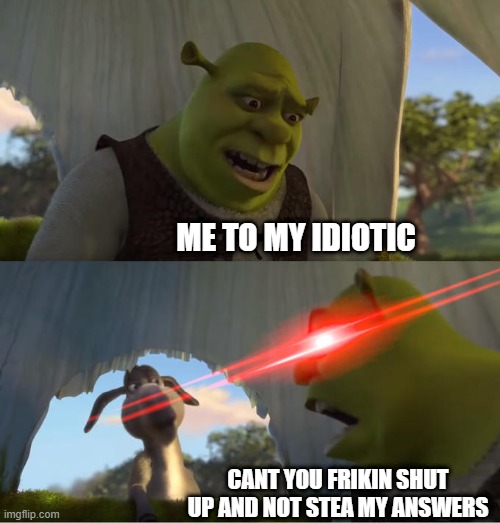 SHUT UP MY CLASS |  ME TO MY IDIOTIC; CANT YOU FRIKIN SHUT UP AND NOT STEA MY ANSWERS | image tagged in shrek for five minutes | made w/ Imgflip meme maker