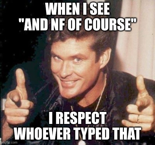 Good job (totally off topic but i had to say it) | WHEN I SEE "AND NF OF COURSE"; I RESPECT WHOEVER TYPED THAT | image tagged in the hoff thinks your awesome | made w/ Imgflip meme maker