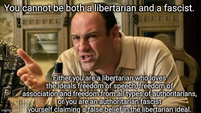 for all those supposed libertarians who are quick on the report button but slow on wits | You cannot be both a libertarian and a fascist. Either you are a libertarian who loves the ideals freedom of speech, freedom of association and freedom from all types of authoritarians, or you are an authoritarian fascist yourself claiming a false belief in the libertarian ideal. | image tagged in soprano | made w/ Imgflip meme maker
