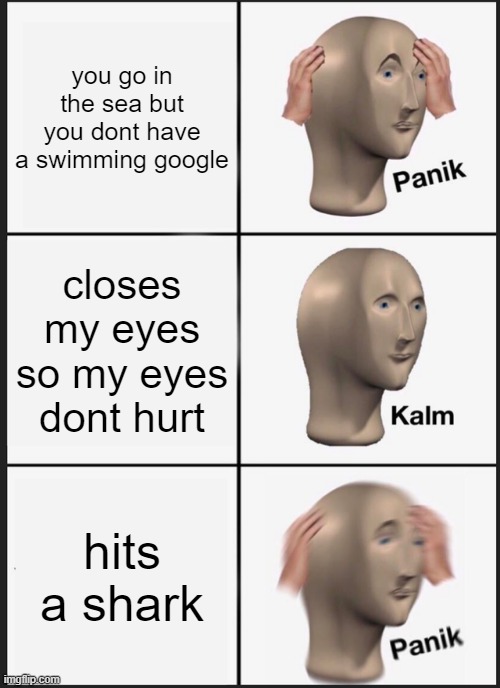 well and you know whats gonna happen next | you go in the sea but you dont have a swimming google; closes my eyes so my eyes dont hurt; hits a shark | image tagged in memes,panik kalm panik | made w/ Imgflip meme maker