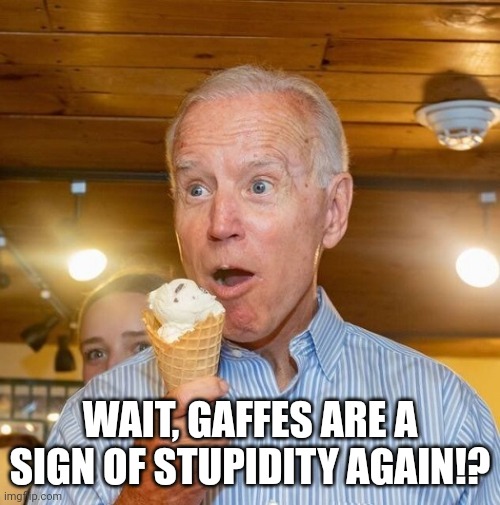 Biden loves ice cream | WAIT, GAFFES ARE A SIGN OF STUPIDITY AGAIN!? | image tagged in biden loves ice cream | made w/ Imgflip meme maker