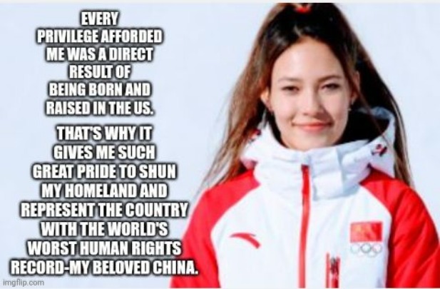 Eileen Gu Shuns US To Support Human Rights Violators-China | image tagged in eileen gu,us,china,olympics,human rights | made w/ Imgflip meme maker