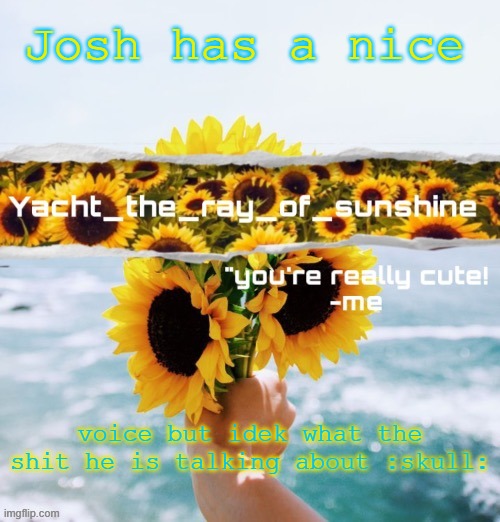yacht's sunflower temp (THANK YOU SUGA) | Josh has a nice; voice but idek what the shit he is talking about :skull: | image tagged in yacht's sunflower temp thank you suga | made w/ Imgflip meme maker