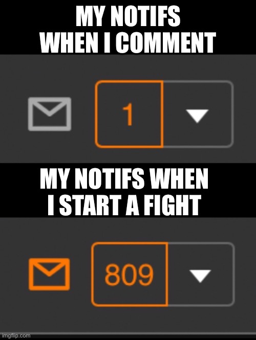 1 notification vs. 809 notifications with message | MY NOTIFS WHEN I COMMENT; MY NOTIFS WHEN I START A FIGHT | image tagged in 1 notification vs 809 notifications with message | made w/ Imgflip meme maker