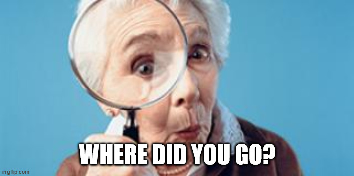 Old lady magnifying glass | WHERE DID YOU GO? | image tagged in old lady magnifying glass | made w/ Imgflip meme maker