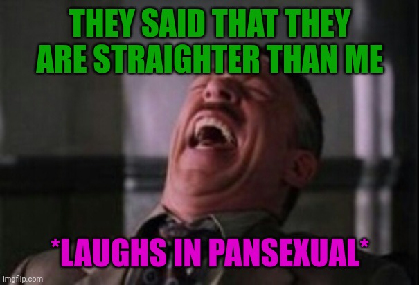J Jonah Jameson laughing | THEY SAID THAT THEY ARE STRAIGHTER THAN ME; *LAUGHS IN PANSEXUAL* | image tagged in j jonah jameson laughing | made w/ Imgflip meme maker