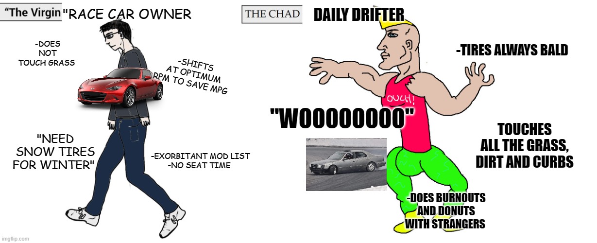 Virgin and Chad | "RACE CAR OWNER; DAILY DRIFTER; -DOES NOT TOUCH GRASS; -SHIFTS AT OPTIMUM RPM TO SAVE MPG; -TIRES ALWAYS BALD; "WOOOOOOOO"; "NEED SNOW TIRES FOR WINTER"; TOUCHES ALL THE GRASS, DIRT AND CURBS; -EXORBITANT MOD LIST
-NO SEAT TIME; -DOES BURNOUTS AND DONUTS WITH STRANGERS | image tagged in virgin and chad | made w/ Imgflip meme maker