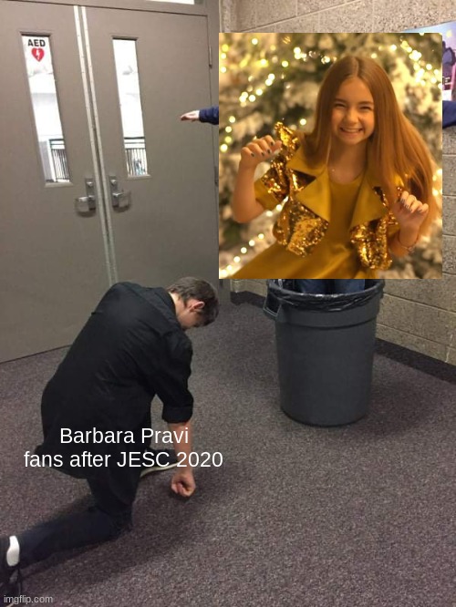 Man Worshipping Guy In The Trash Can | Barbara Pravi fans after JESC 2020 | image tagged in man worshipping guy in the trash can | made w/ Imgflip meme maker