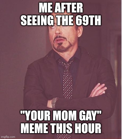 Face You Make Robert Downey Jr Meme | ME AFTER SEEING THE 69TH; "YOUR MOM GAY" MEME THIS HOUR | image tagged in memes,face you make robert downey jr | made w/ Imgflip meme maker