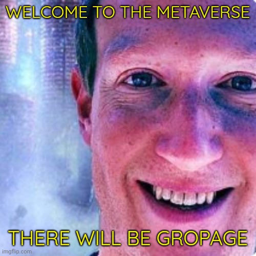Zuckatar | WELCOME TO THE METAVERSE; THERE WILL BE GROPAGE | image tagged in zuckatar,there will be gropage,groperverse | made w/ Imgflip meme maker