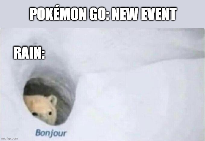 Every time it's the same... | POKÉMON GO: NEW EVENT; RAIN: | image tagged in bonjour bear,pokemon,rain,weather | made w/ Imgflip meme maker