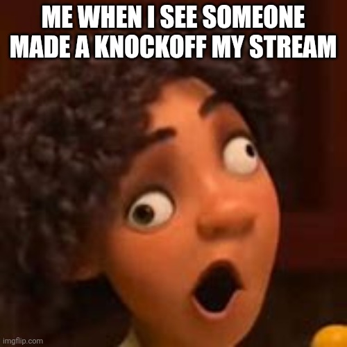 Kinda a joke | ME WHEN I SEE SOMEONE MADE A KNOCKOFF MY STREAM | image tagged in camilo funny face | made w/ Imgflip meme maker