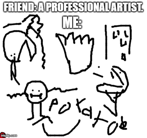 I like drawing | FRIEND: A PROFESSIONAL ARTIST. ME: | image tagged in blank white template,memes,drawing | made w/ Imgflip meme maker