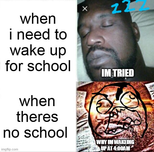 like every time bro | when i need to wake up for school; IM TRIED; when theres no school; WHY IM WAKEING UP AT 4:00AM | image tagged in memes,sleeping shaq | made w/ Imgflip meme maker