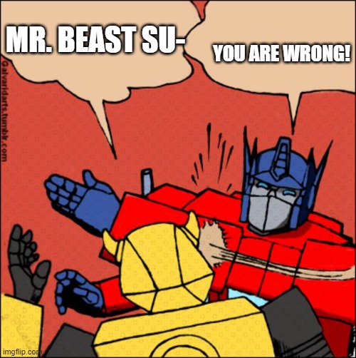 YOU ARE WRONG! | YOU ARE WRONG! MR. BEAST SU- | image tagged in transformer slap | made w/ Imgflip meme maker