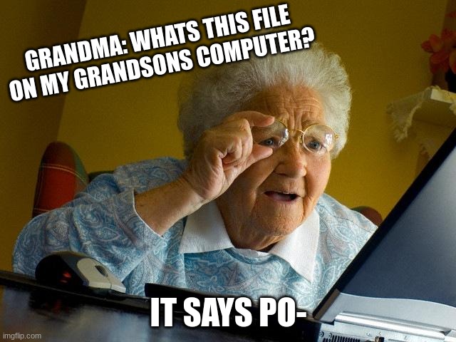 Grandma caught you in 4k | GRANDMA: WHATS THIS FILE ON MY GRANDSONS COMPUTER? IT SAYS PO- | image tagged in memes,grandma finds the internet | made w/ Imgflip meme maker