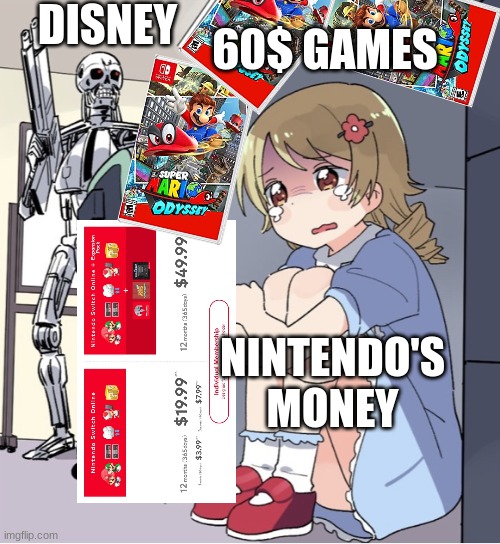 they should not of made kingdom hearts with disney. |  DISNEY; 60$ GAMES; NINTENDO'S MONEY | image tagged in anime girl hiding from terminator | made w/ Imgflip meme maker