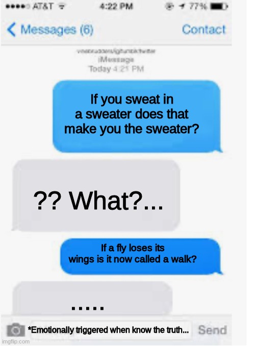 Weird triggering conversation... | If you sweat in a sweater does that make you the sweater? ?? What?... If a fly loses its wings is it now called a walk? ..... *Emotionally triggered when know the truth... | image tagged in blank text conversation | made w/ Imgflip meme maker