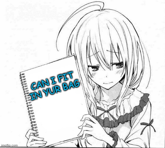 anime holing sign | CAN I FIT IN YUR BAG | image tagged in anime holing sign | made w/ Imgflip meme maker