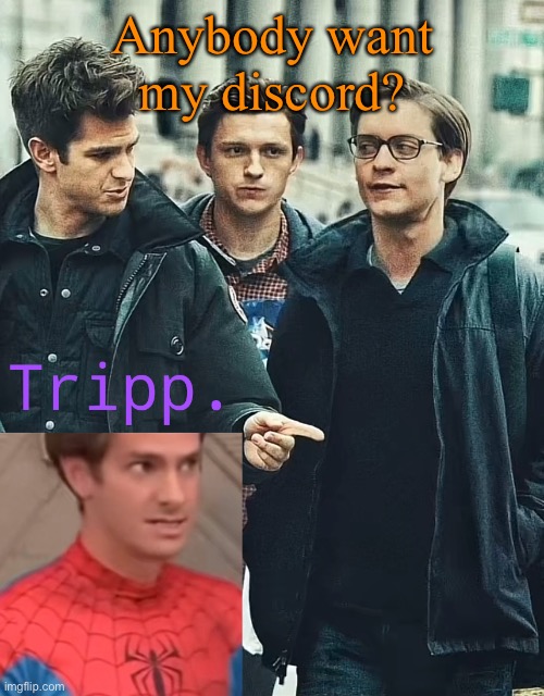 Ayo? | Anybody want my discord? | image tagged in tripp spooderman | made w/ Imgflip meme maker