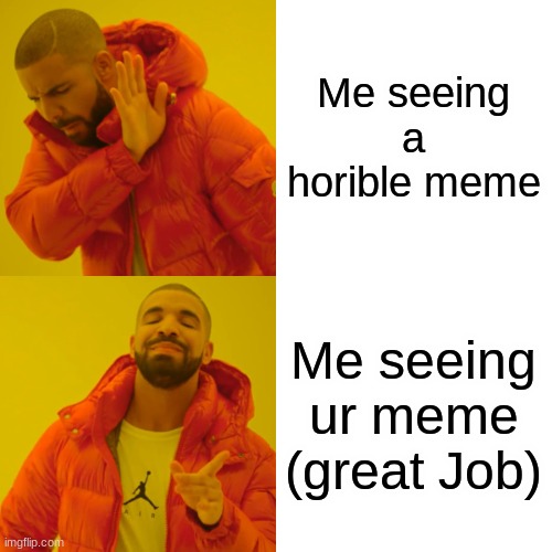 Drake Hotline Bling Meme | Me seeing a horible meme Me seeing ur meme (great Job) | image tagged in memes,drake hotline bling | made w/ Imgflip meme maker