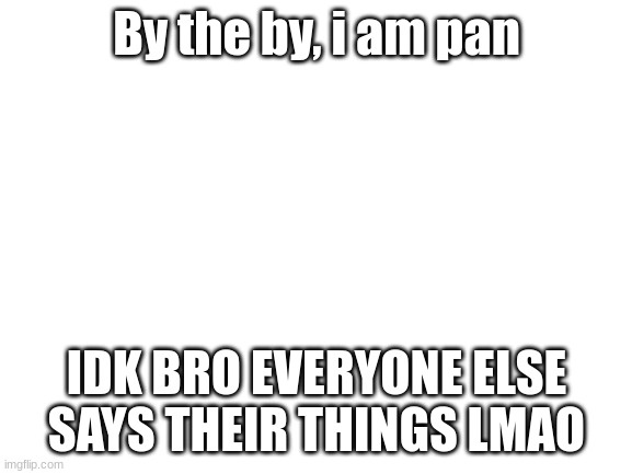 ¯\_(ツ)_/¯ | By the by, i am pan; IDK BRO EVERYONE ELSE SAYS THEIR THINGS LMAO | image tagged in blank white template | made w/ Imgflip meme maker